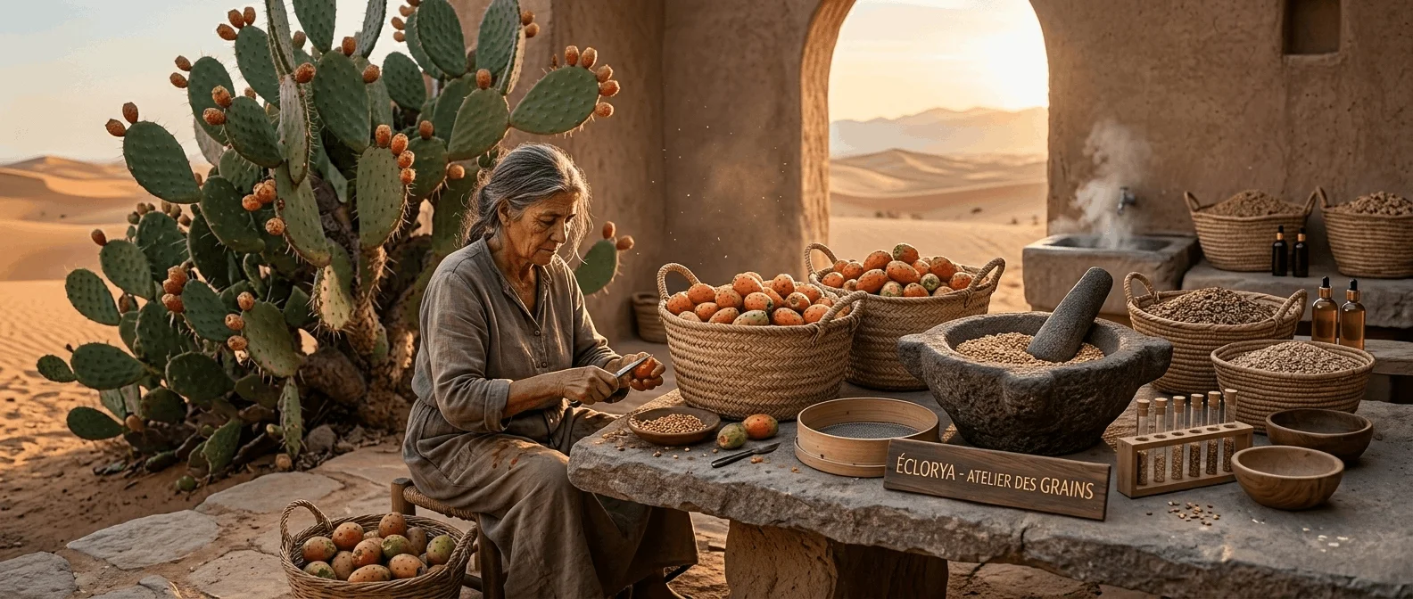A panoramic photograph featuring a mature woman with grey-streaked hair, a large prickly pear cactus with fruits, a basket of tunas, and a stone mortar and pestle for seed processing, referencing image_11.png. It conveys a traditional and meticulously artisanal production.