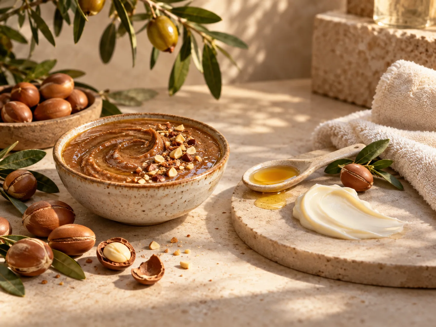 Argan entre cuisine et soin dans une mise en scène naturelle et premium