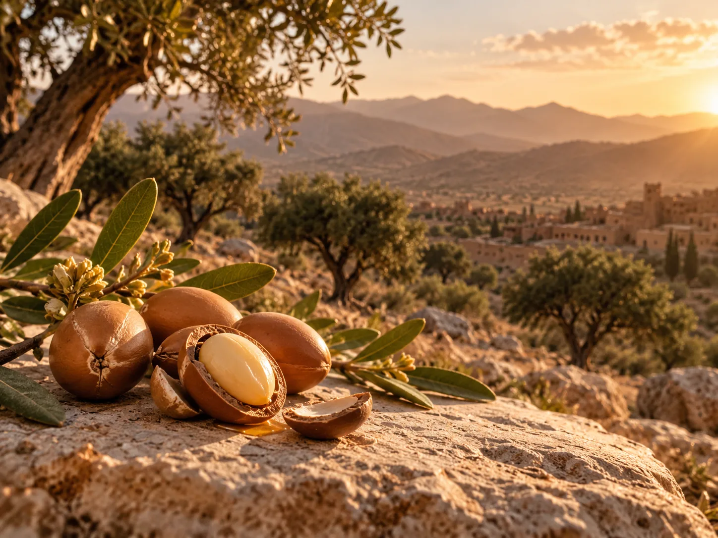 Fruits d’argan et paysage marocain dans une ambiance chaleureuse