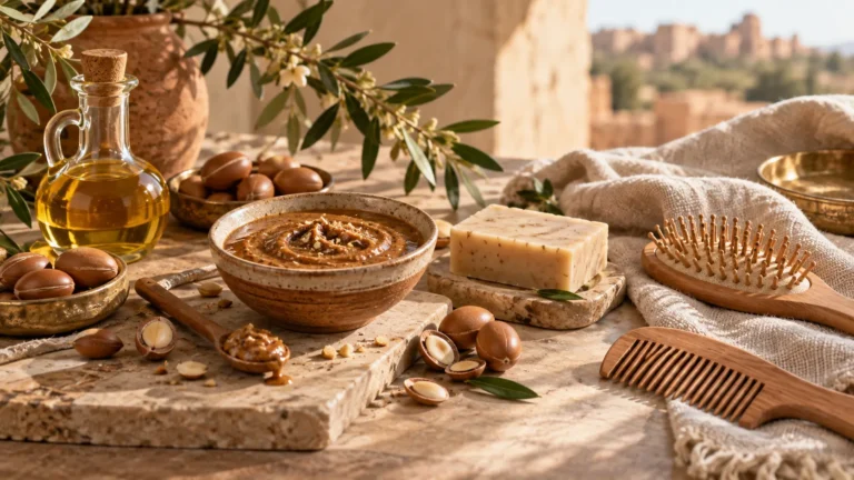 Différents usages de l’argan : amlou, savon, shampoing et soin dans un univers chaleureux