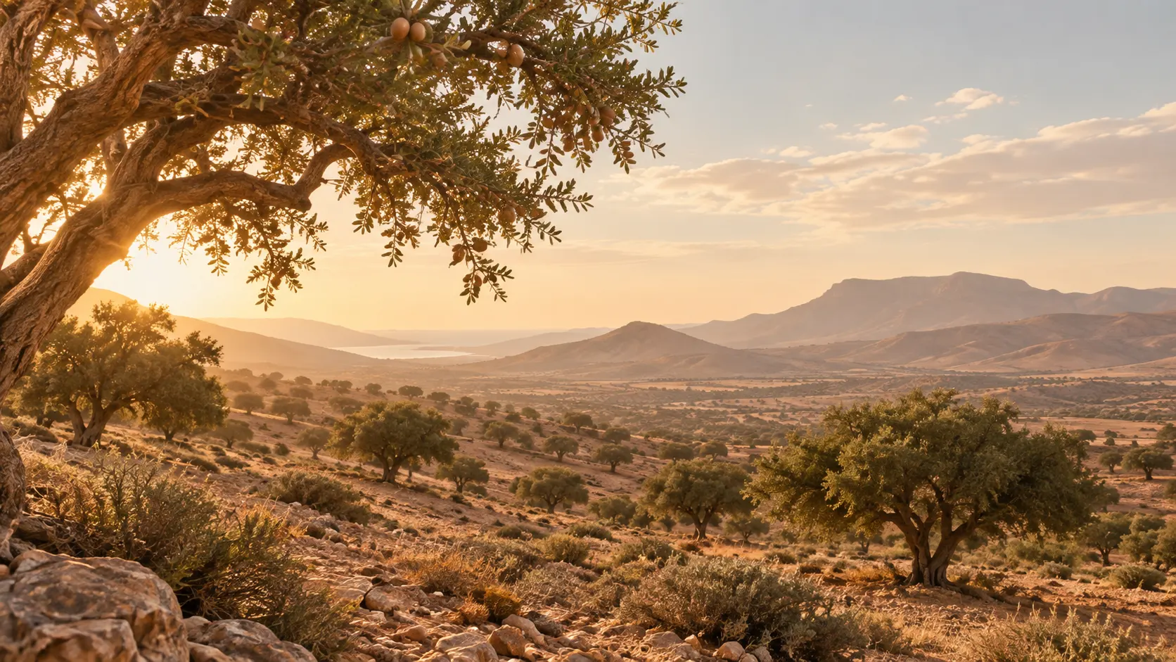 Arganier dans un paysage marocain chaleureux, symbole de l’origine de l’huile d’argan