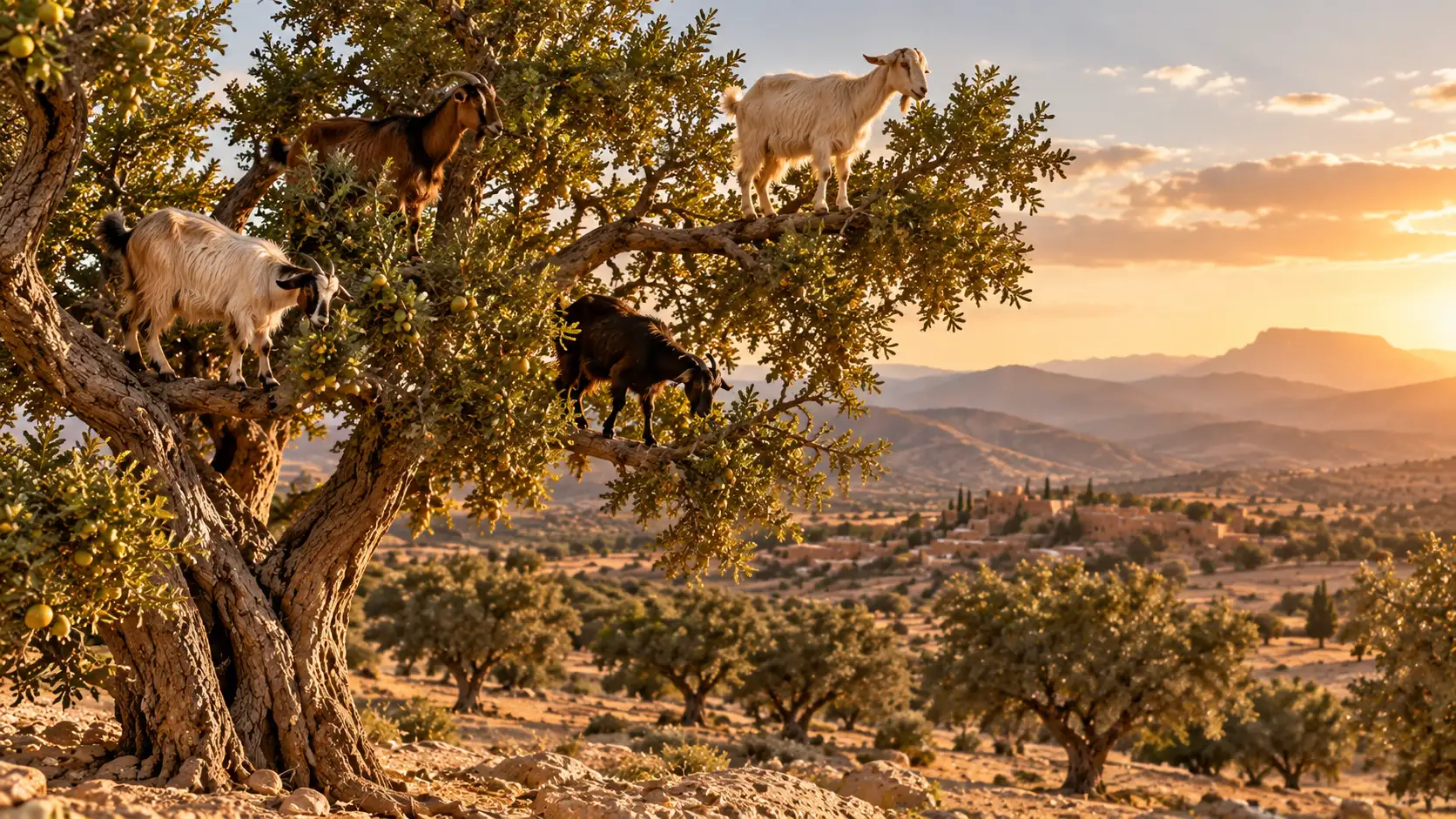 Chèvres perchées dans des arganiers au Maroc sous une lumière dorée