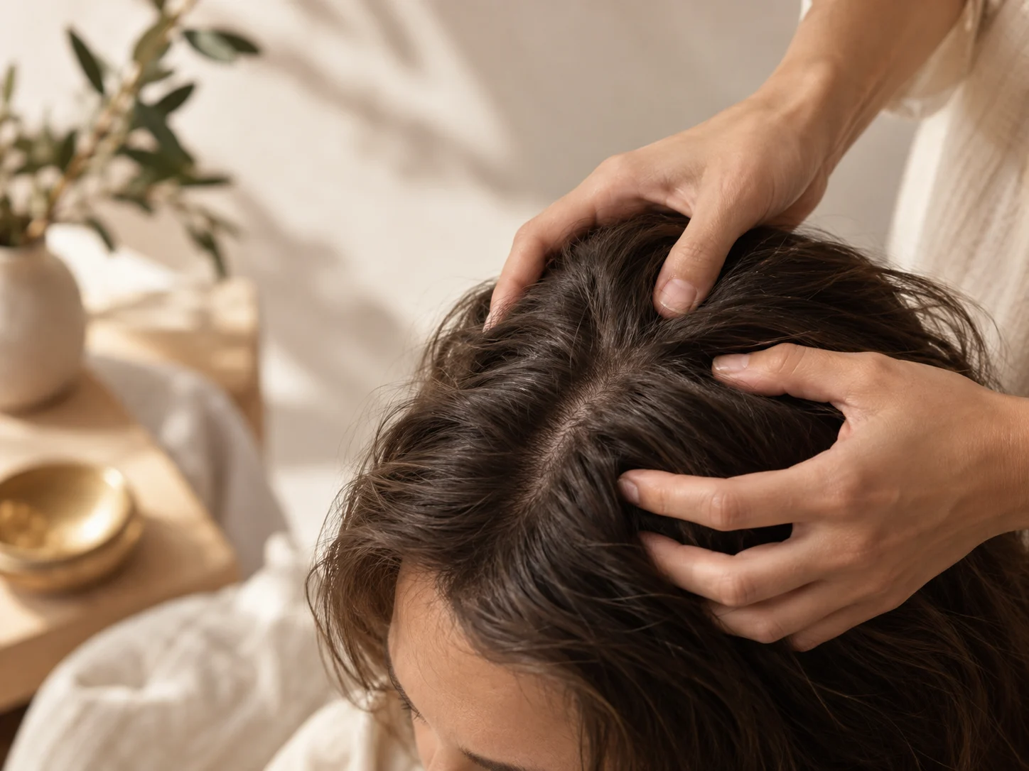 Massage doux du cuir chevelu dans un rituel capillaire Éclorya