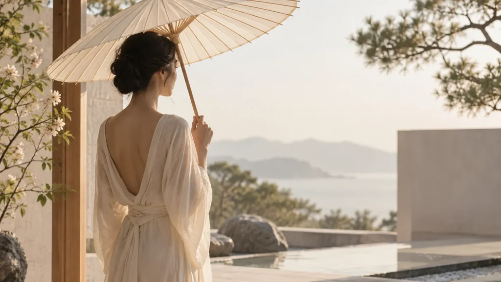 silhouette adulte sous une ombrelle claire et lumière douce