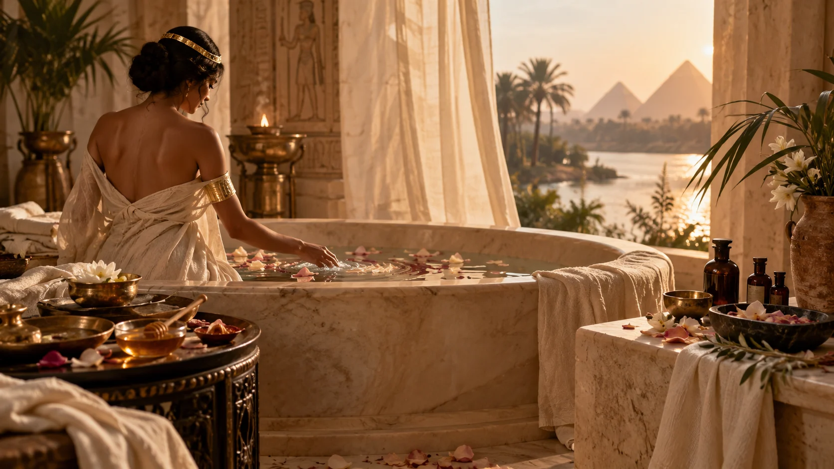 rituel inspiré de l’Égypte ancienne avec bain, huiles et pierre claire