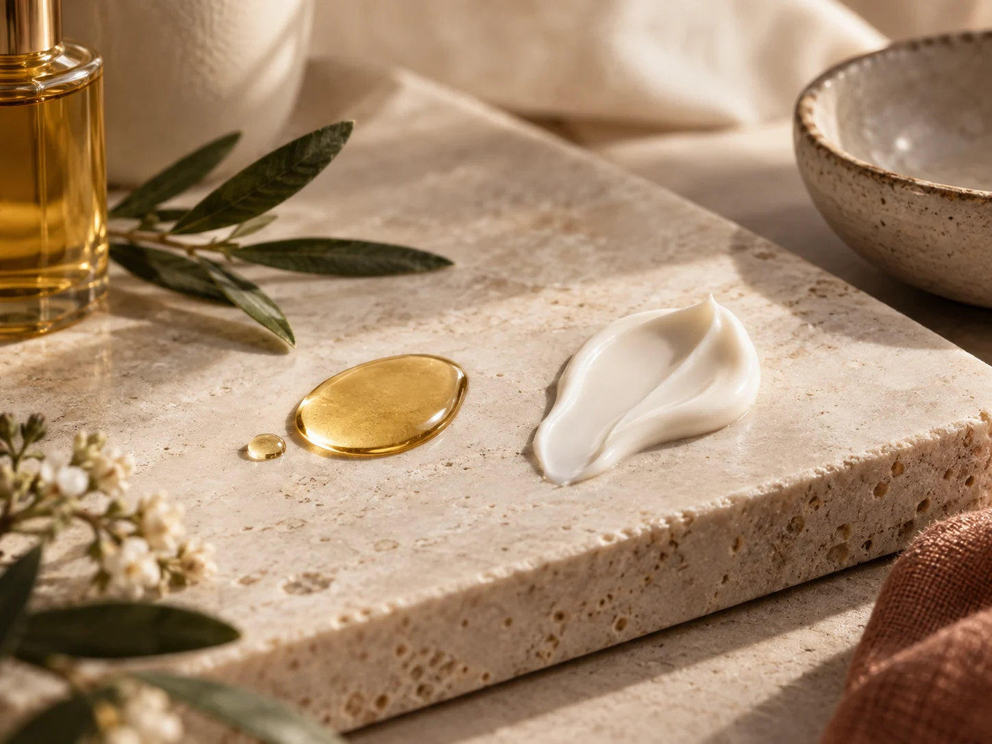 textures de crème et huile dans une composition éditoriale