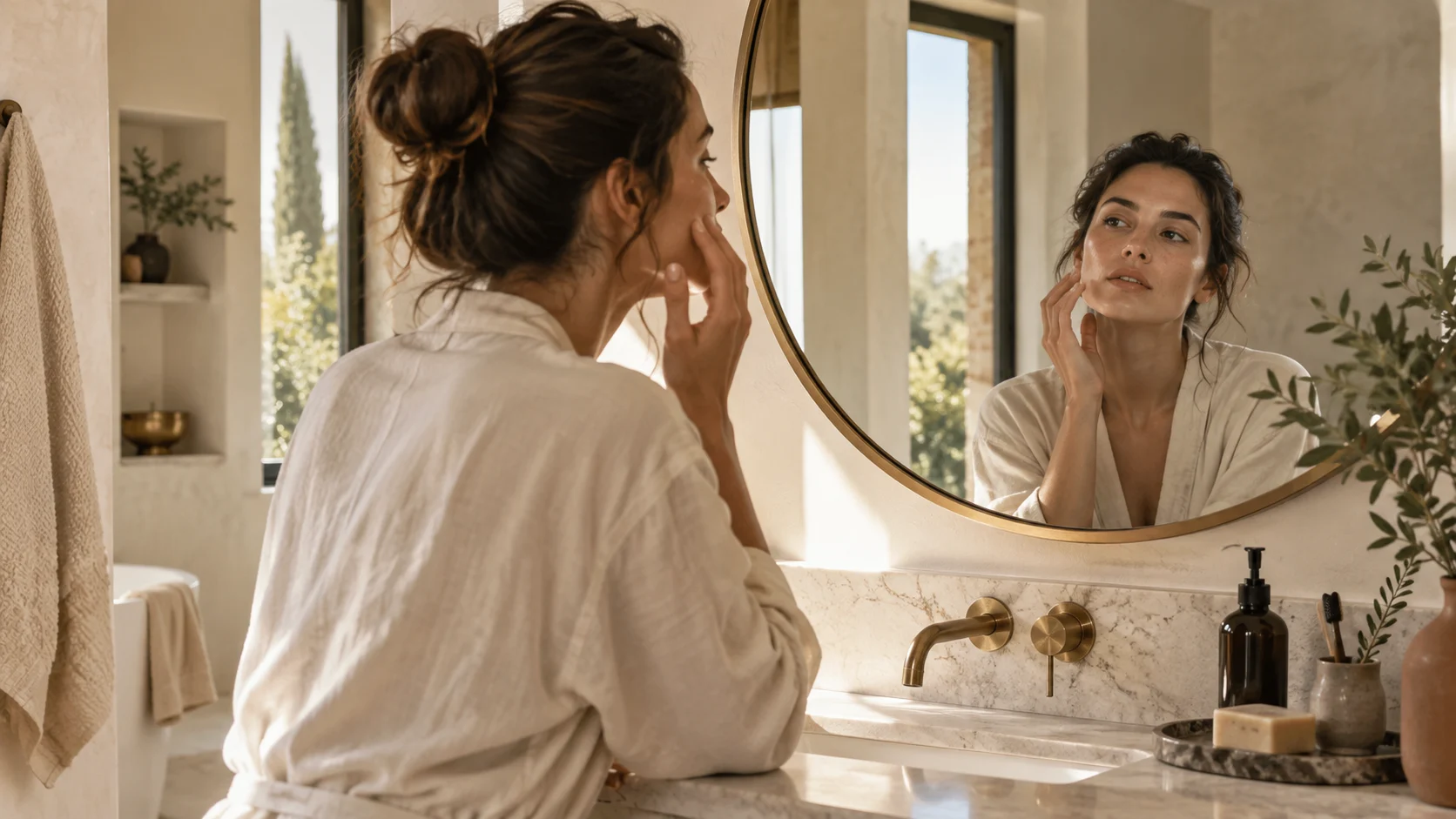 adulte observant sa peau dans un miroir avec hésitation