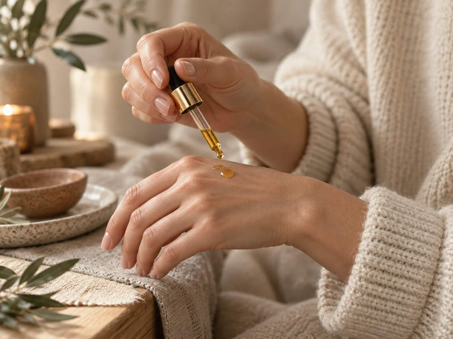mains appliquant de l’huile sur une peau sèche en ambiance nordique