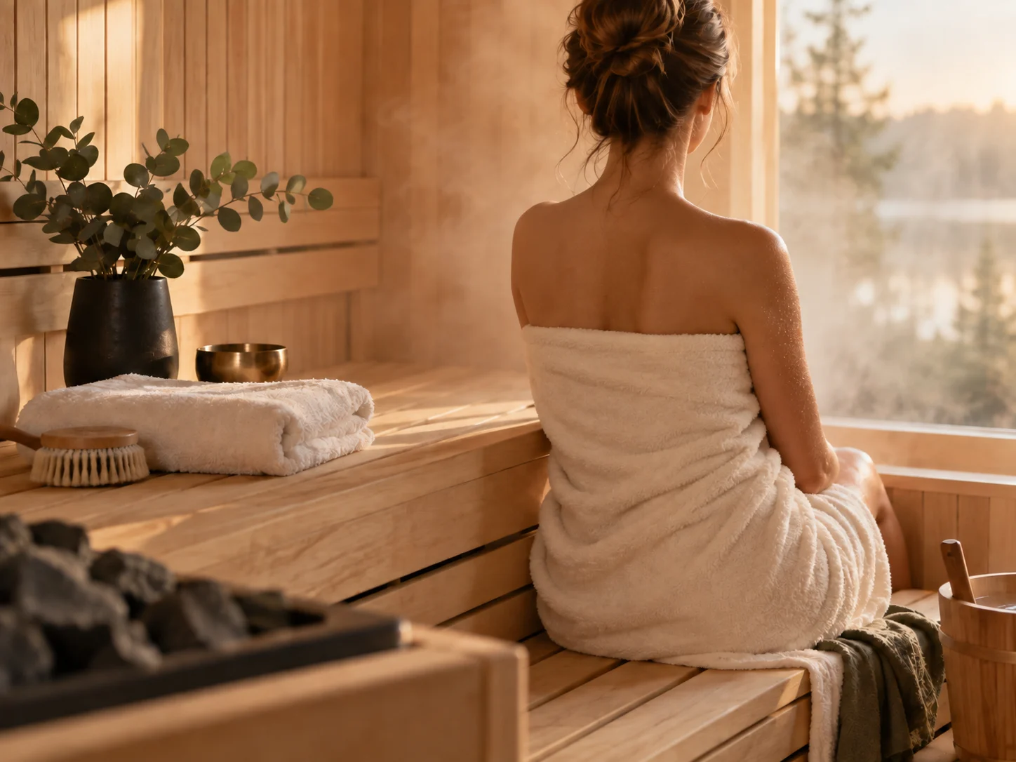 sauna nordique, bois blond, vapeur légère et serviette claire