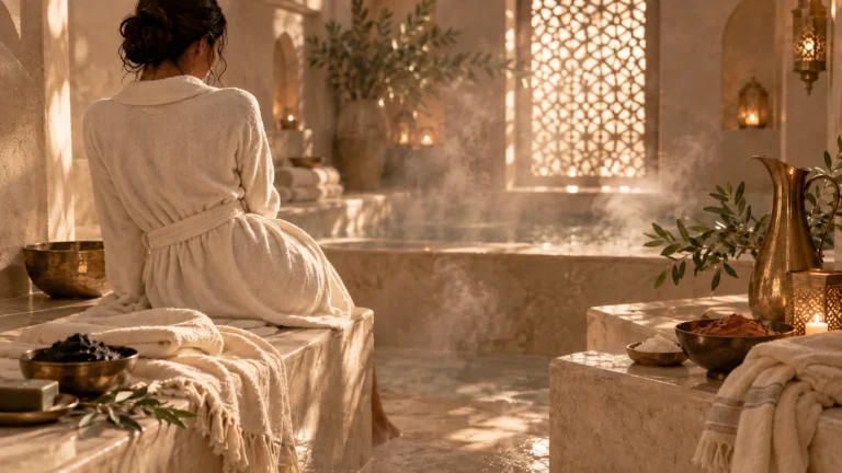 hammam élégant avec vapeur, pierre claire et rituel de soin