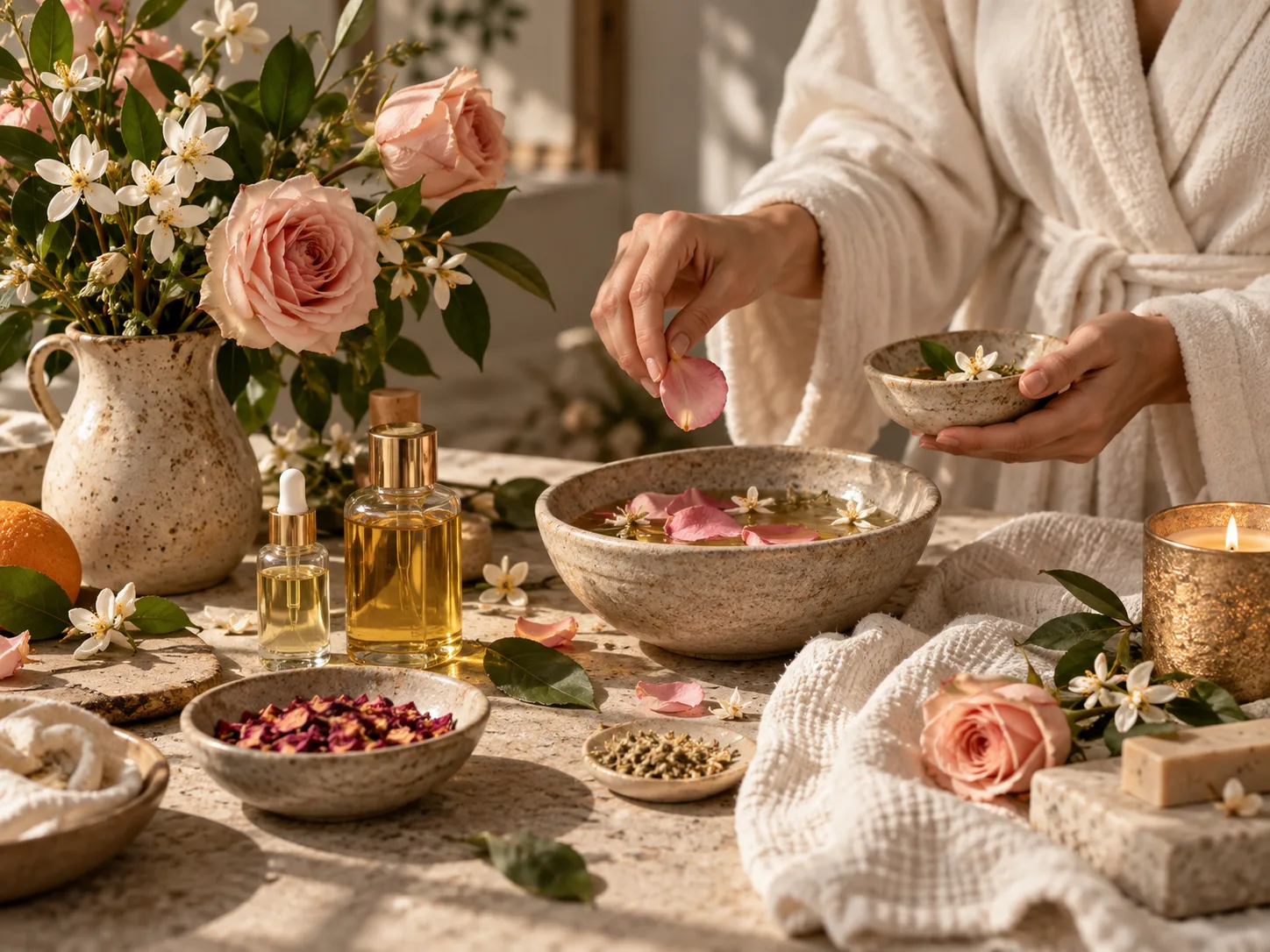 rose, fleur d’oranger, huiles et céramique dans une nature morte