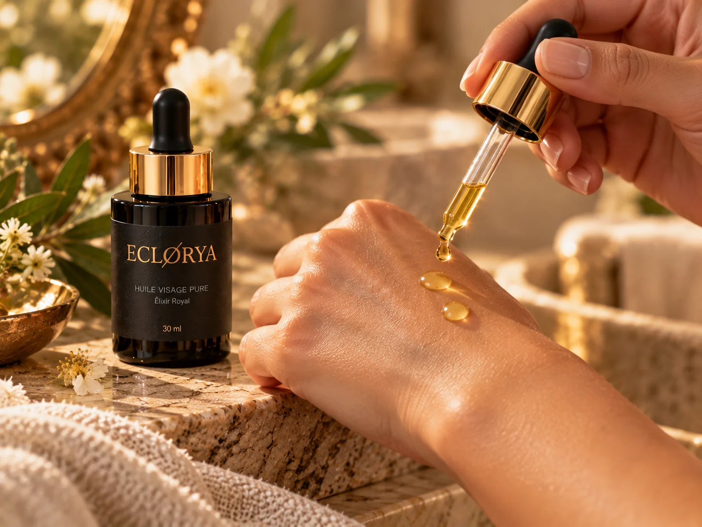Quelques gouttes de l’Élixir Royal sur la peau dans un rituel adulte raffiné