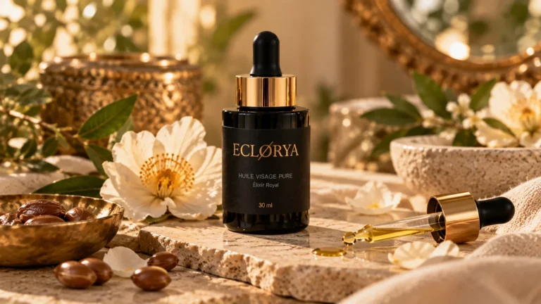 Vrai flacon Élixir Royal Éclorya dans une mise en scène premium et élégante