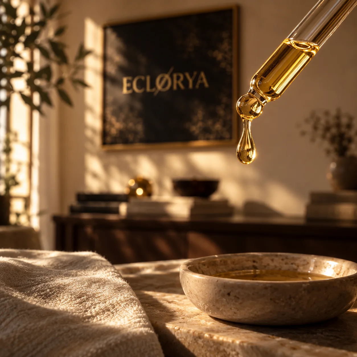 Pipette et goutte dorée d’huile d’argan BIO Eclorya