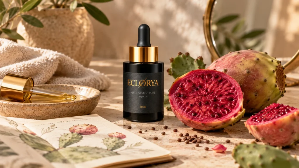 Huile de pépins de figue de Barbarie Éclorya pour peau mature avec cactus et fruit