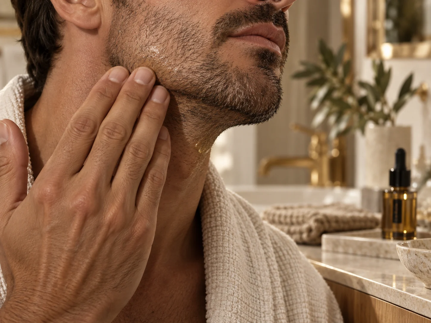 Main d’un homme appliquant une huile visage autour de la barbe et du cou