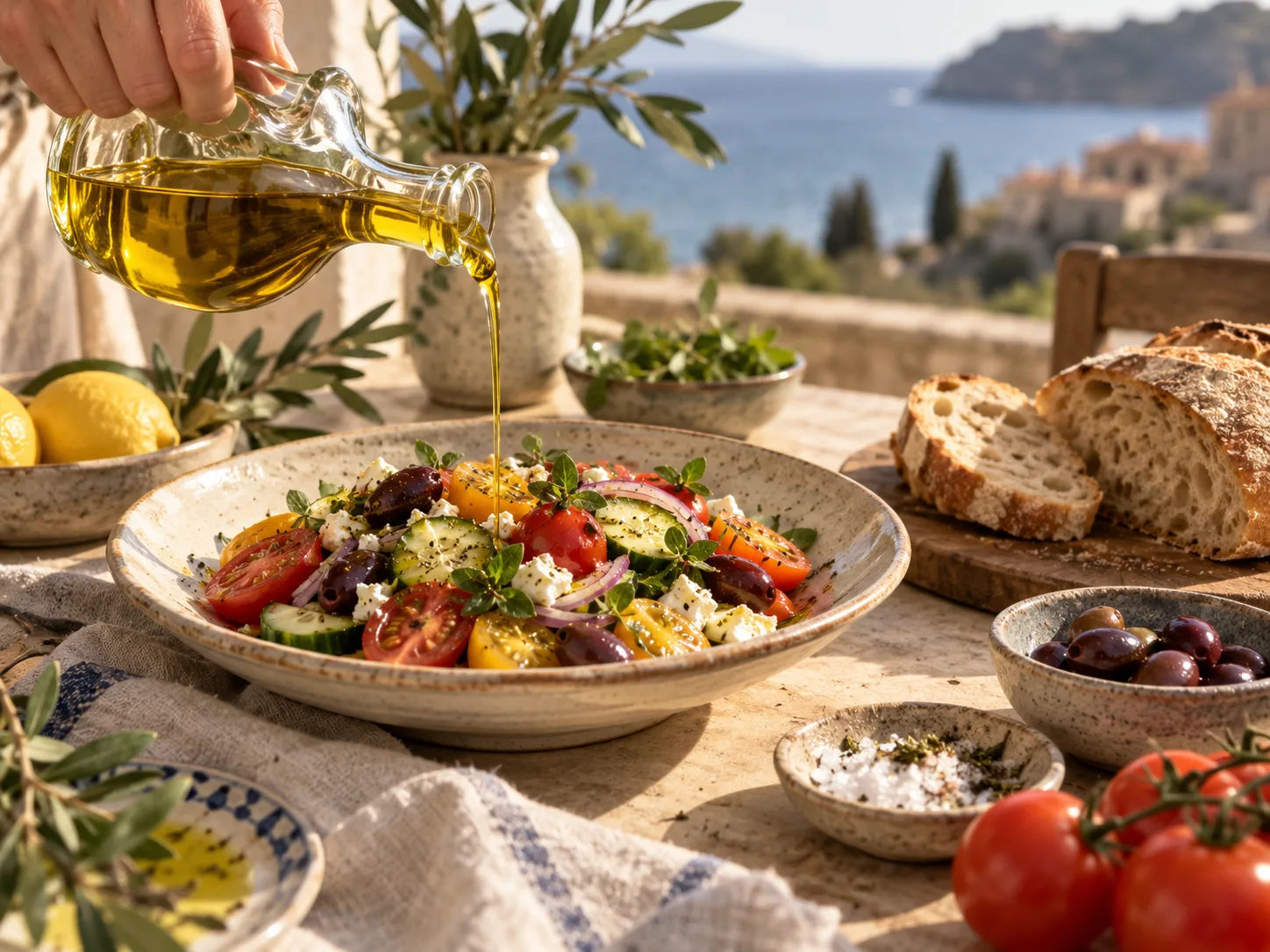 Huile d’olive versée dans une assiette méditerranéenne avec légumes et pain