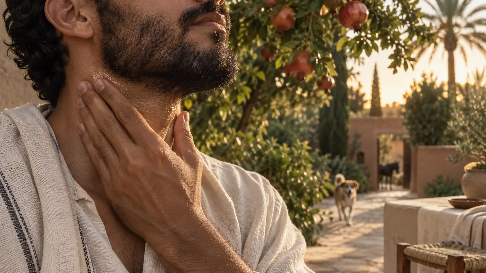 Jardin de fruits au Maroc avec grenades, dattes et végétation chaleureuse