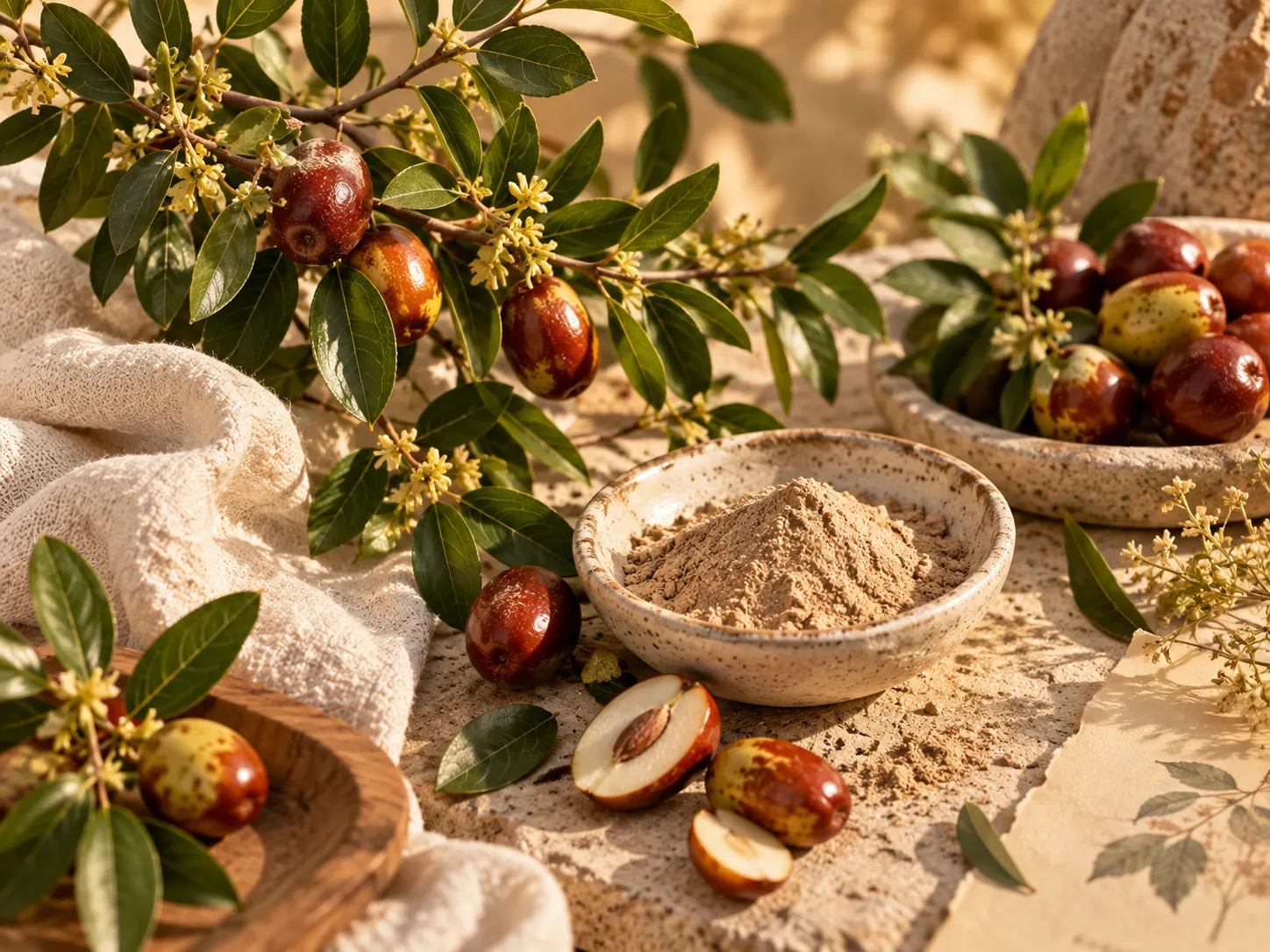 Feuilles et fruits de jujubier avec poudres botaniques dans une ambiance de soin naturel