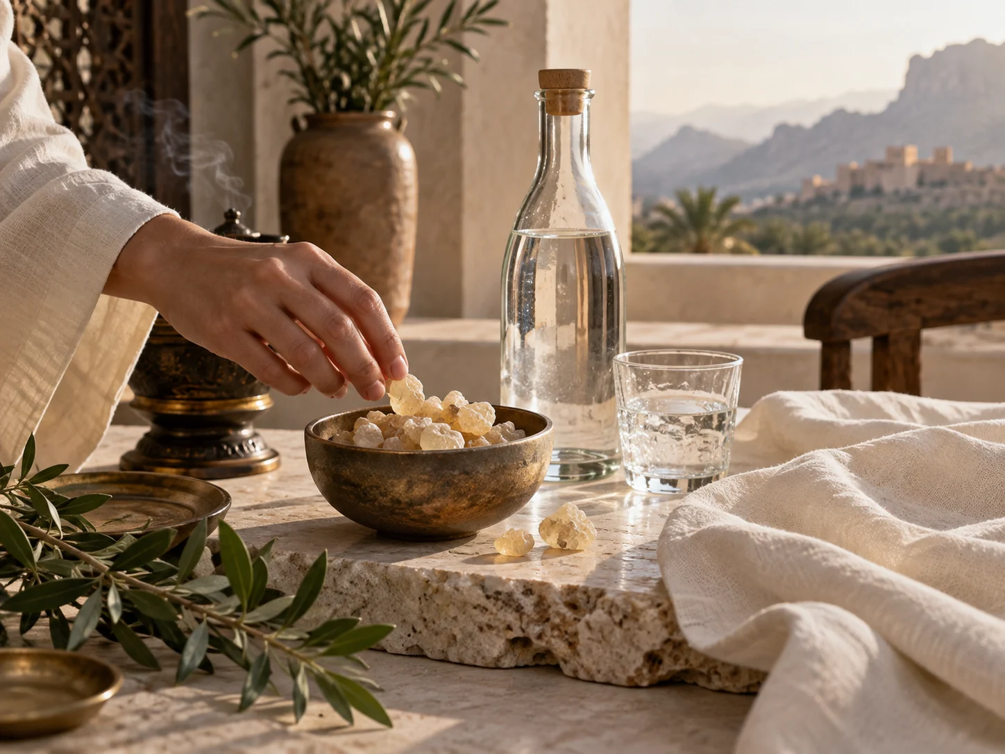 Grains de résine d’oliban Hojari avec coupelle claire, pierre et eau