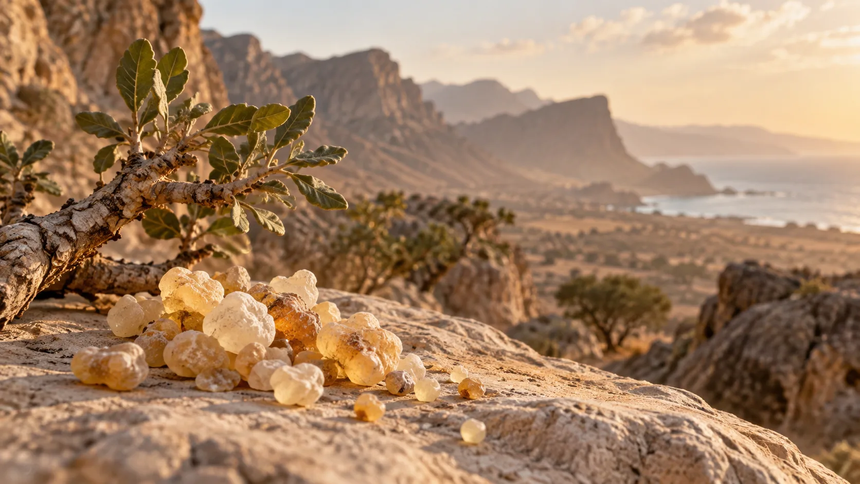 Résine de Louban d’Oman et branches de Boswellia sacra dans un décor minéral du Dhofar