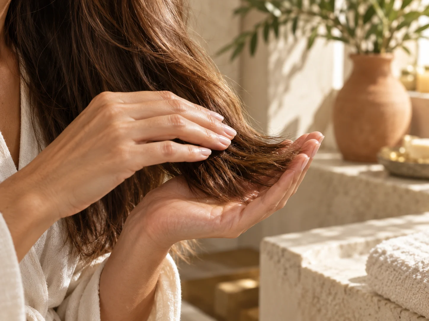 Main adulte appliquant quelques gouttes d’huile végétale sur les pointes des cheveux