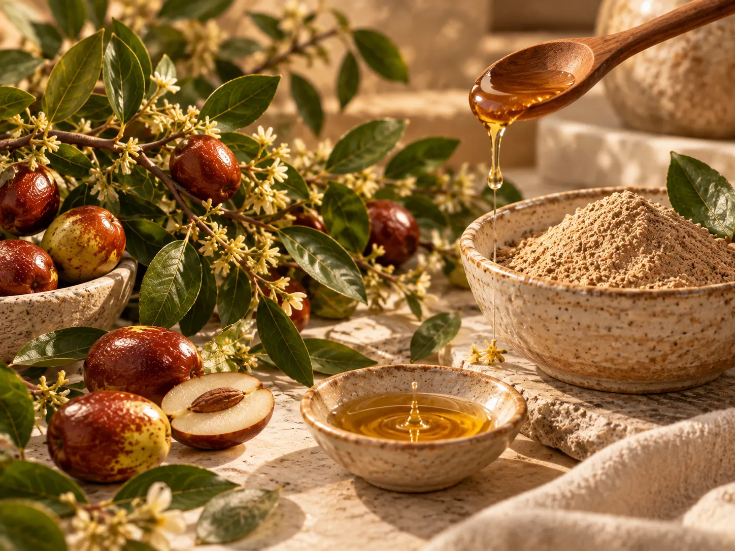 Pot de miel ambré inspiré du sidr avec branche de jujubier dans une ambiance chaleureuse