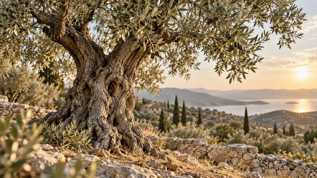 Olivier méditerranéen baigné de lumière avec olives et branches