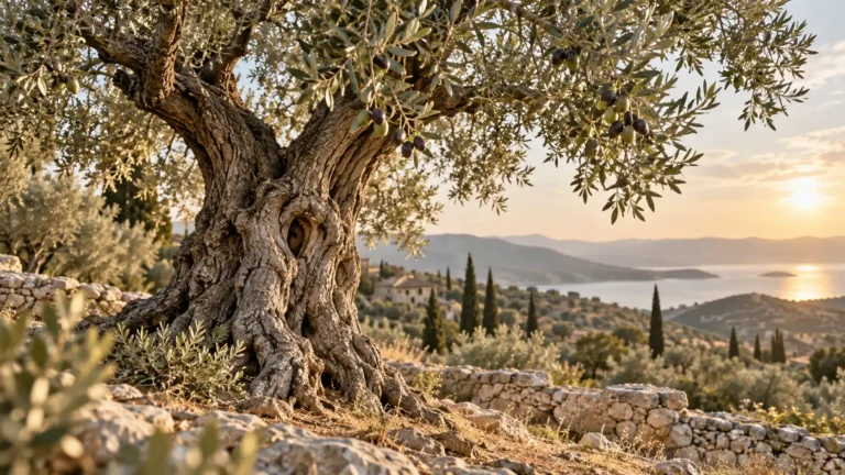 Olivier méditerranéen baigné de lumière avec olives et branches