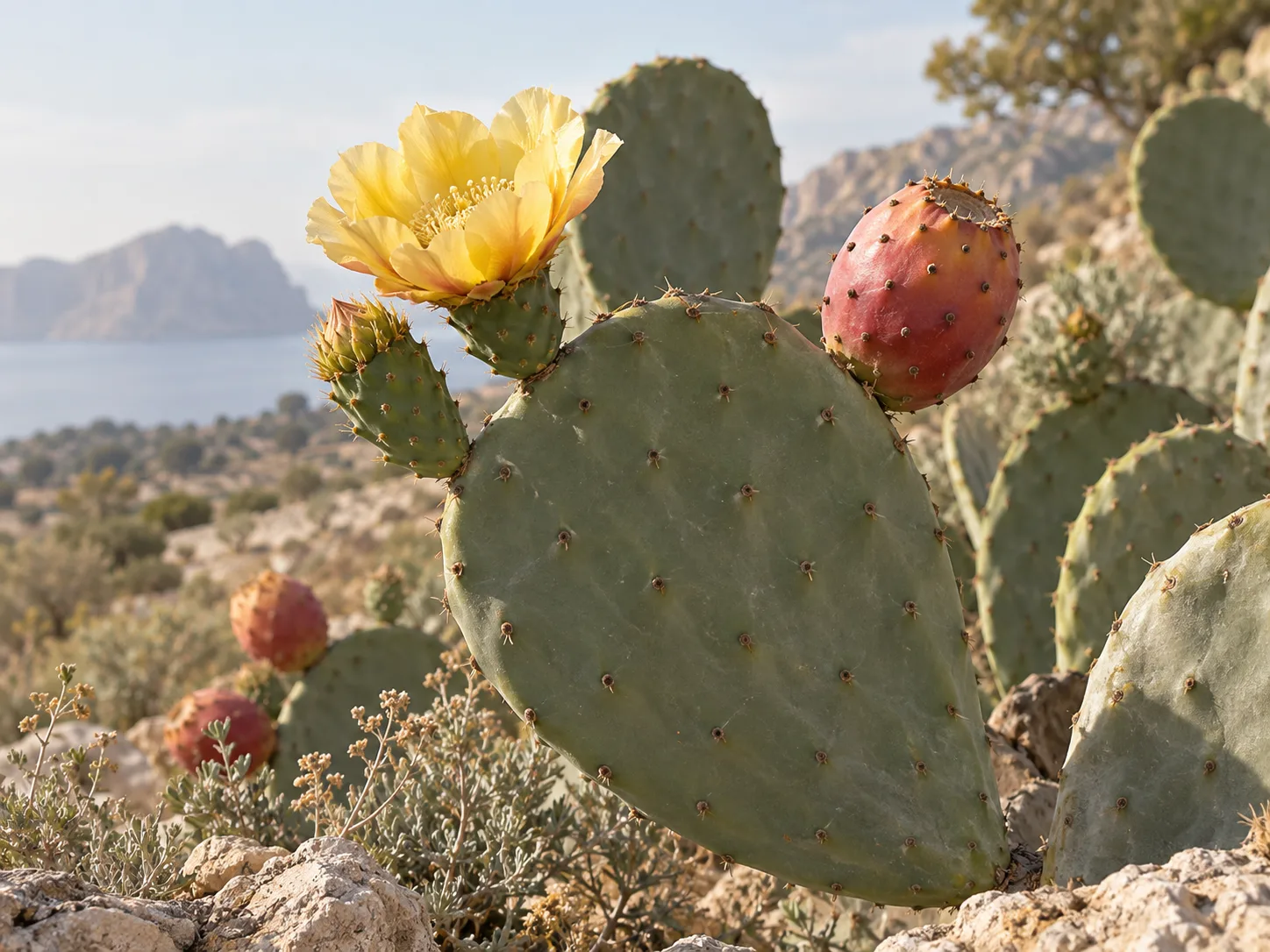 Opuntia ficus-indica avec fleur et figue de Barbarie