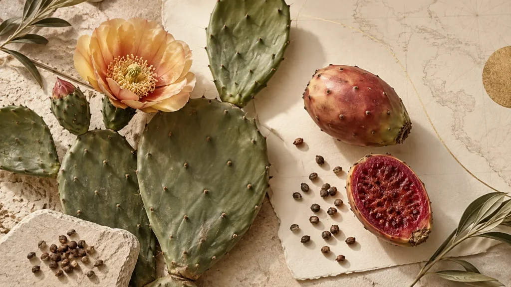 Opuntia ficus-indica et carte botanique sur l’origine de la figue de Barbarie