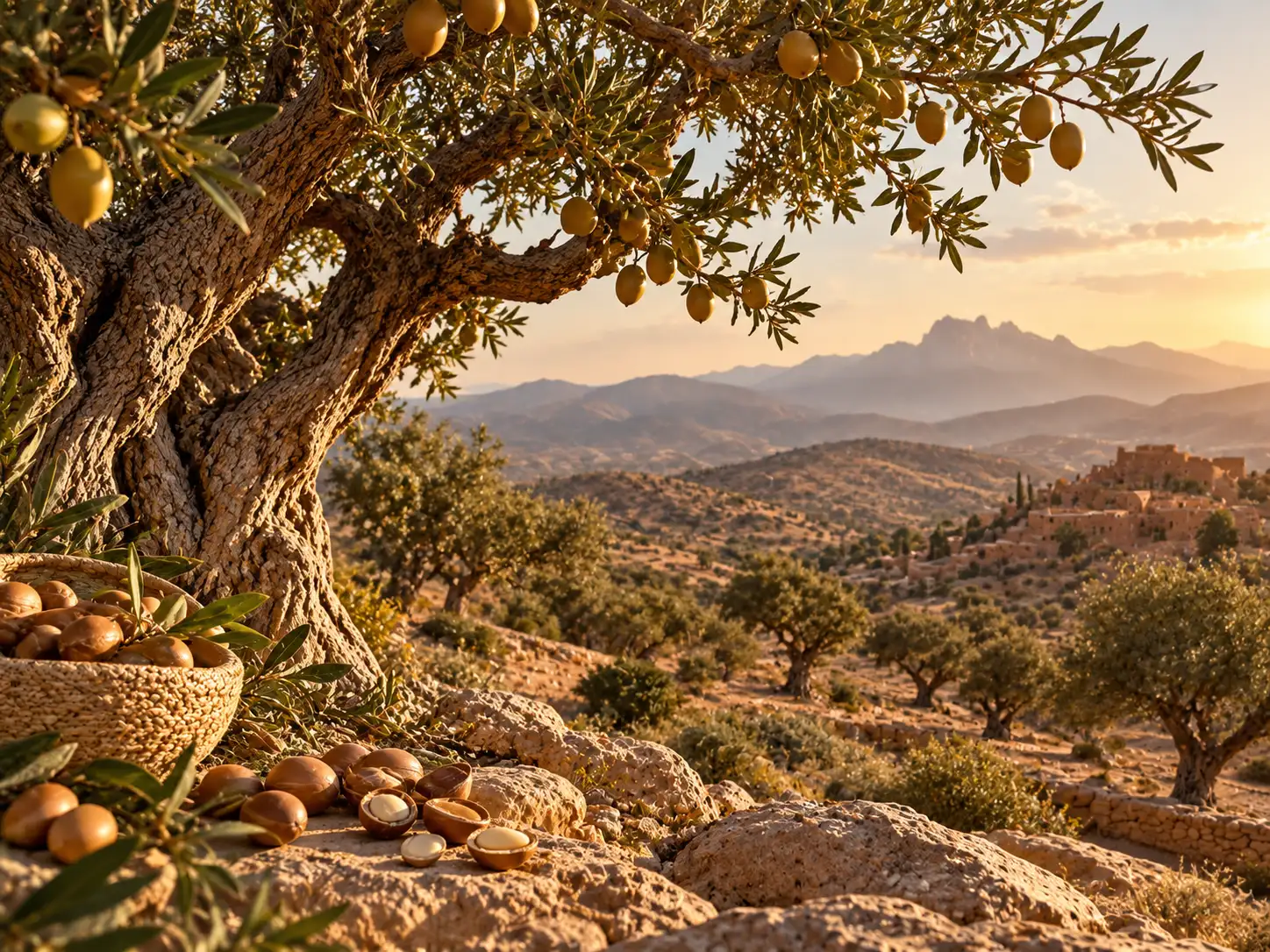 Paysage d’arganiers au Maroc sous une lumière chaude et naturelle