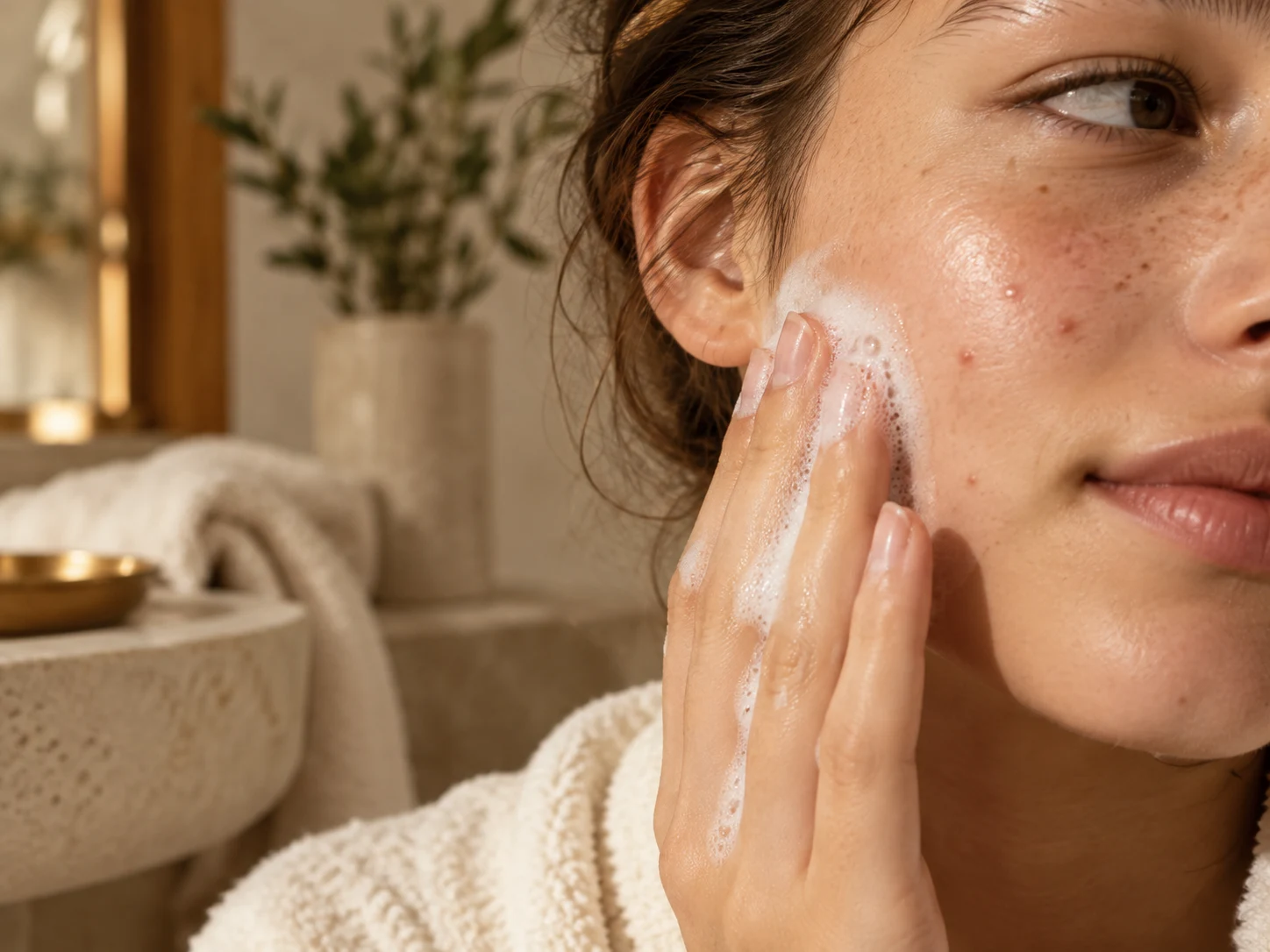 Peau jeune avec légère acné et routine douce sans produits agressifs