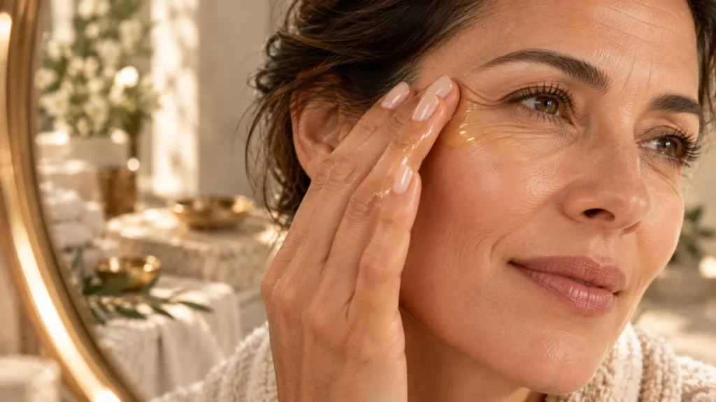 Visage naturel en lumière douce illustrant les premières rides et le soin de la peau