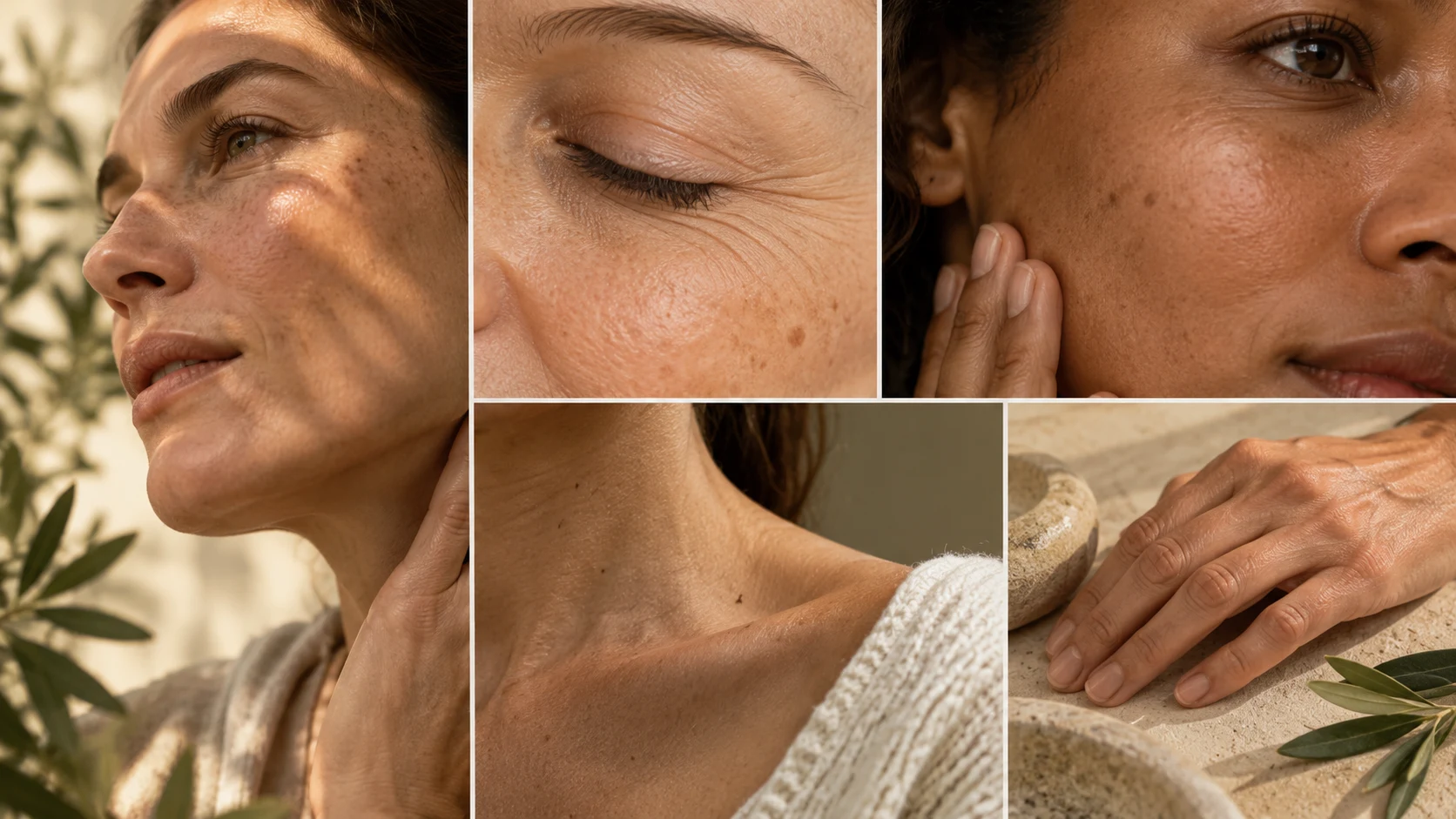 Visages naturels illustrant plusieurs problèmes de peau : acné, taches, sécheresse, rougeurs, pores et ridules