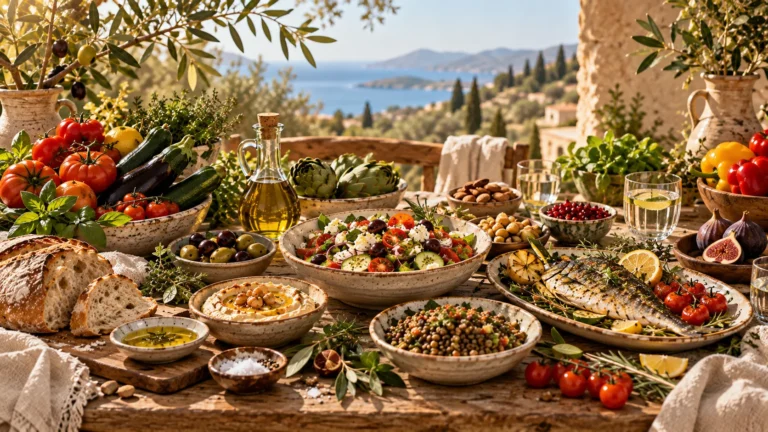 Table méditerranéenne avec légumes, huile d’olive, poissons et fruits dans une lumière chaleureuse