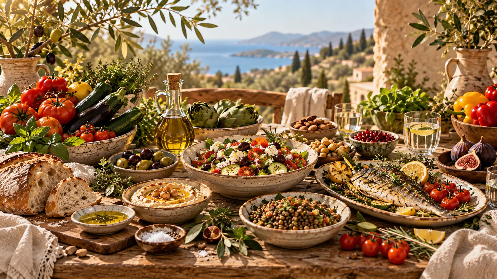 Table méditerranéenne avec légumes, huile d’olive, poissons et fruits dans une lumière chaleureuse