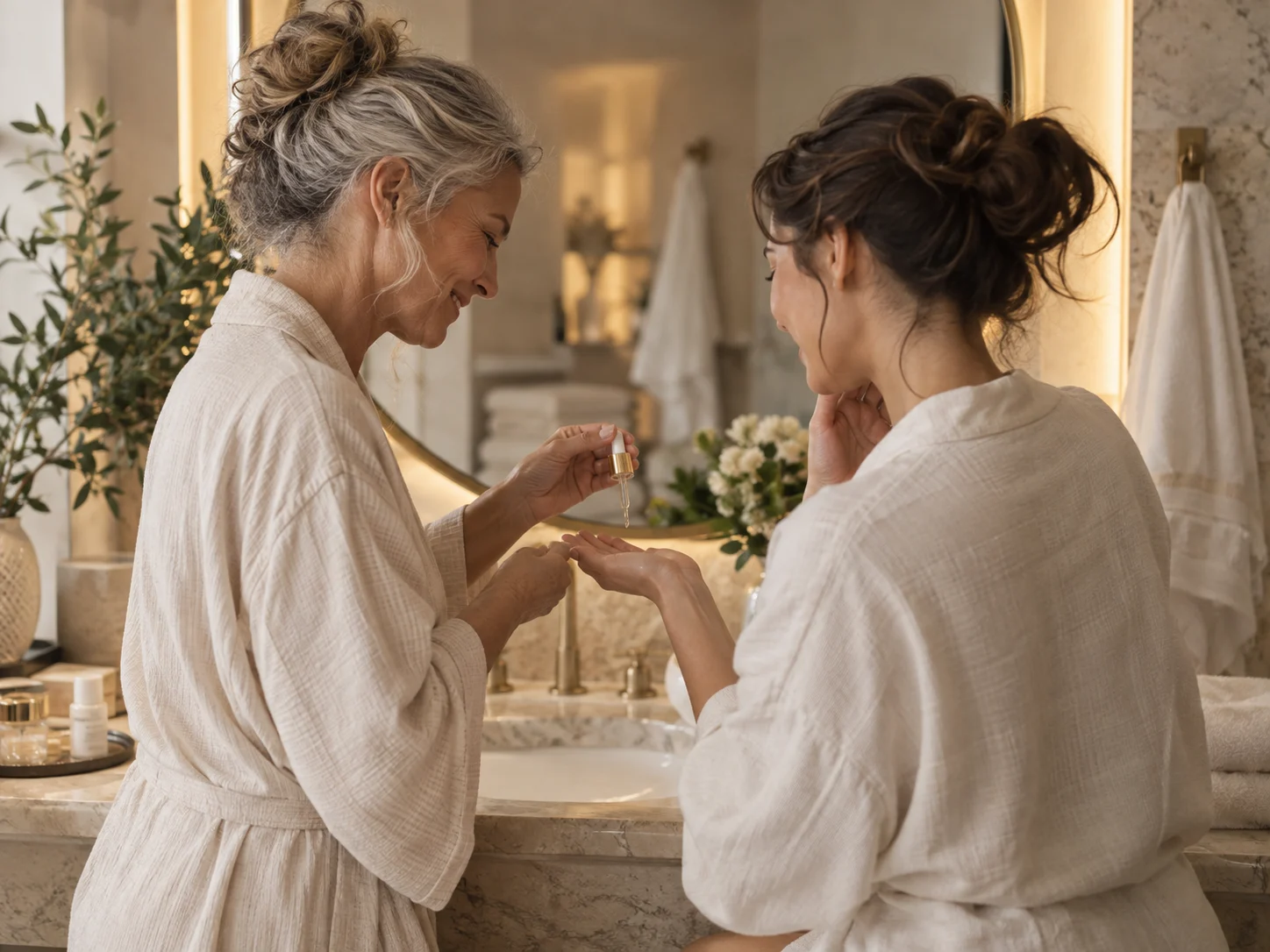 Deux générations partageant un rituel de soin simple et naturel