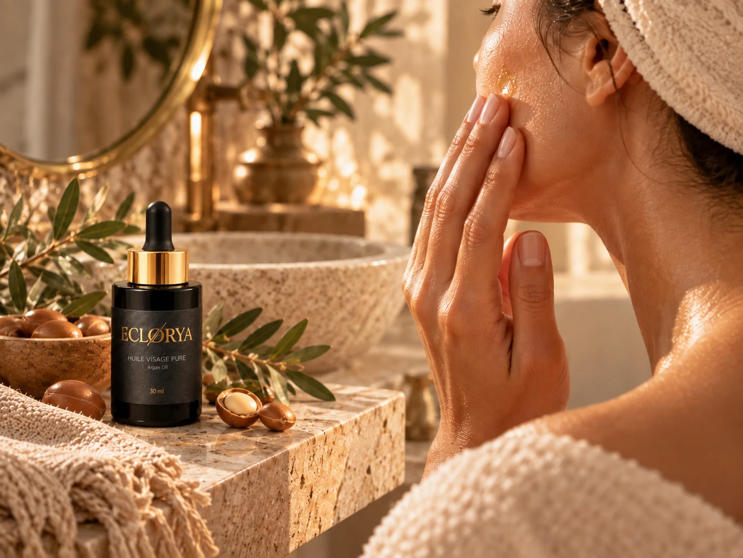 Rituel adulte avec huile d’argan dans une ambiance naturelle et apaisée
