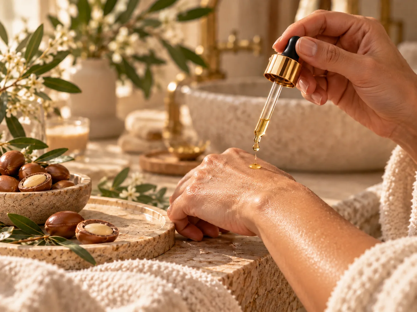 Rituel adulte simple avec huile non parfumée dans une ambiance douce et naturelle