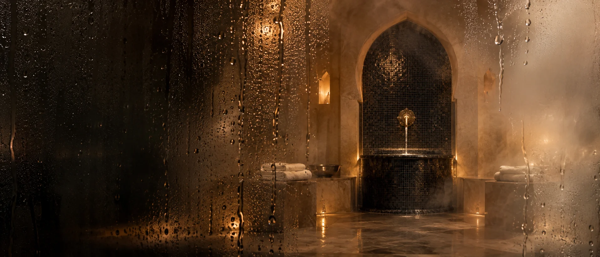 Hammam marocain vu à travers une vitre embuée pour le rituel de soin Éclorya