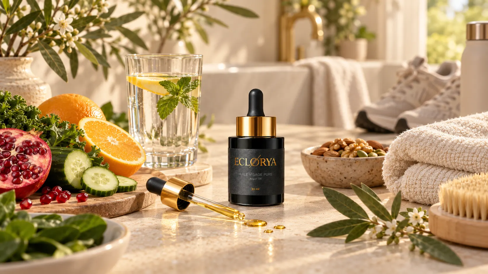 Routine beauté peau avec fruits, eau, mouvement et soin dans une ambiance naturelle