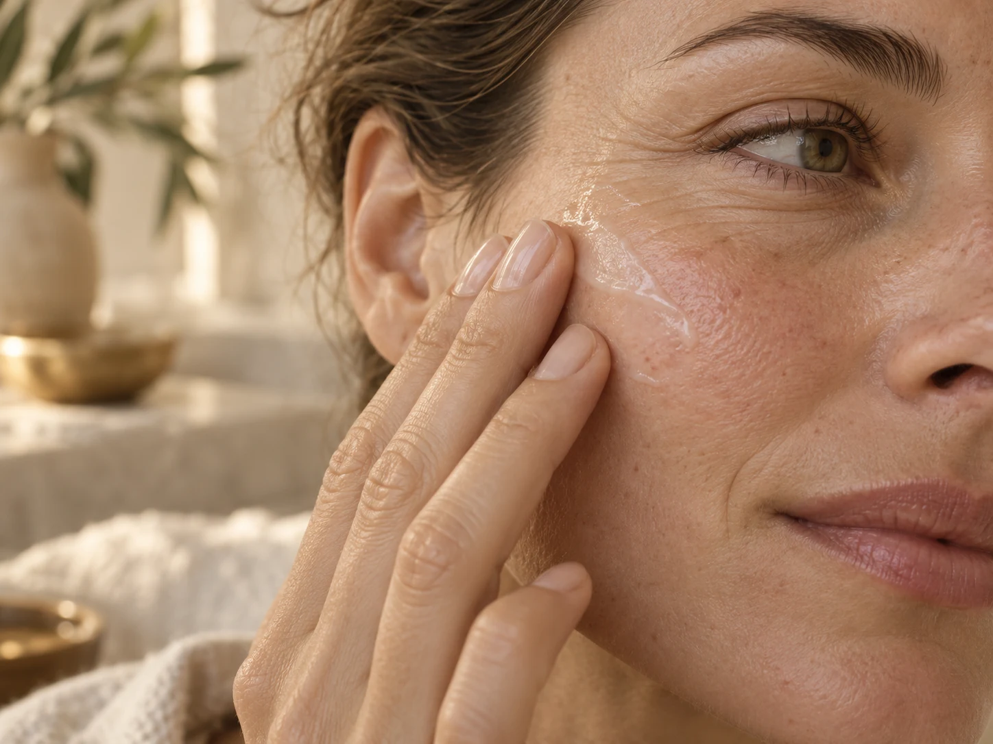Semi-macro peau adulte avec sécheresse légère, rougeurs naturelles et ridules visibles