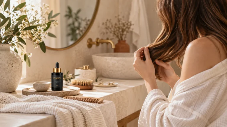 Rituel adulte naturel pour la peau et les cheveux dans une ambiance douce et chaleureuse