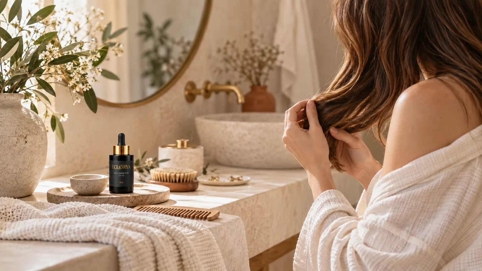 Rituel adulte naturel pour la peau et les cheveux dans une ambiance douce et chaleureuse