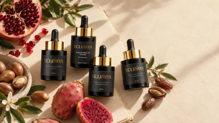 Huiles anti-âge naturelles Éclorya avec figue de Barbarie, grenade, argan et dattes